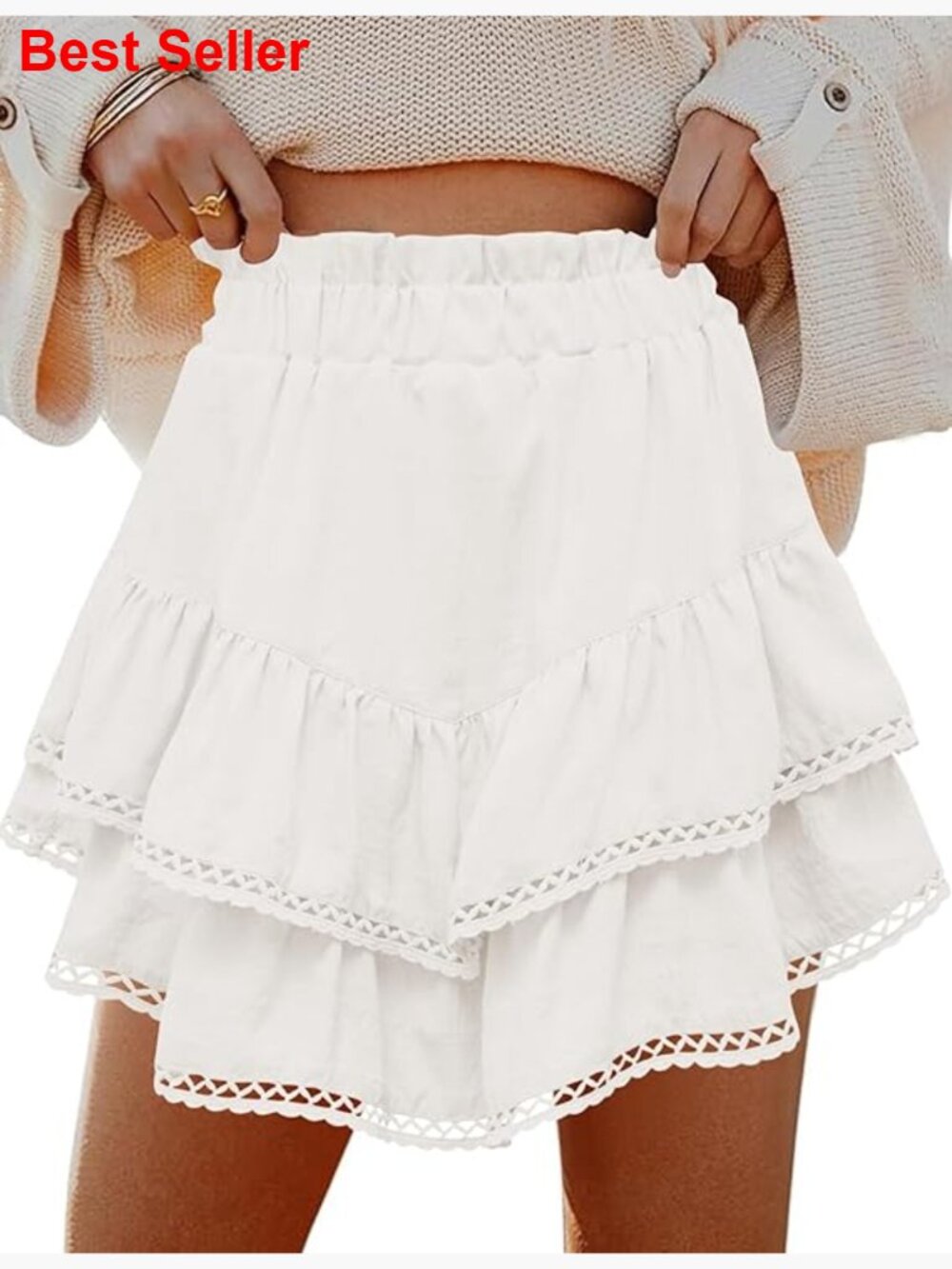 Flowy Skorts With Crochet Hems High Waist Tiered Ruffle Active Shorts